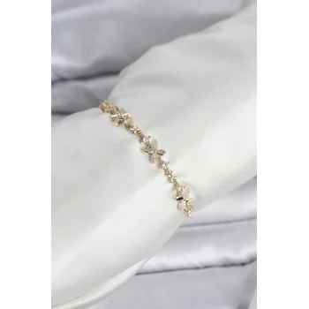 Gold Renk Yonca Model Zirkon Taşlı Asansörlü Kadın Bileklik