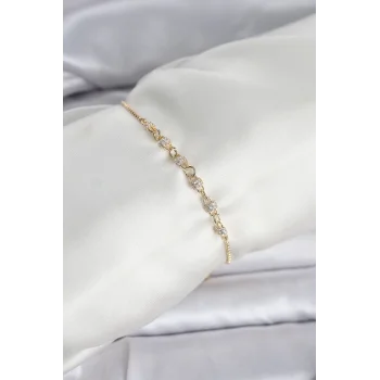 Gold Renk Zincir Model Zirkon Taşlı Pirinç Asansörlü Kadın Bileklik