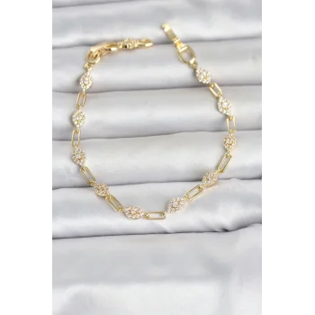 Gold Renk Zirkon Taşlı Ataç Zincir Model Kadın Bileklik
