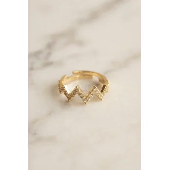 Gold Renk Zirkon Taşlı Ayarlanabilir Zikzak Yüzük