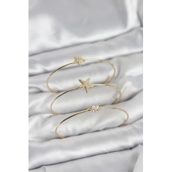 Gold Renk Zirkon Taşlı Deniz Yıldızı Model 3lü Kadın Bileklik Kombini
