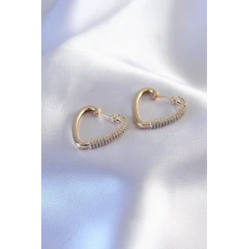 Gold Renk Zirkon Taşlı Kalp Model Kadın Küpe