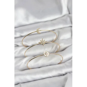Gold Renk Zirkon Taşlı Kutup Yıldızı Model 3lü Kadın Bileklik Kombini