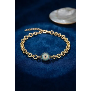 Gold Renk Zirkon Taşlı Nazar Model Pirinç Kadın Bileklik