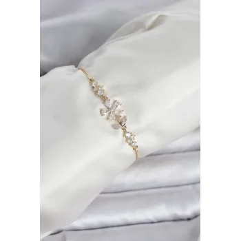 Gold Renk Zirkon Taşlı Papatya Model Asansörlü Kadın Bileklik