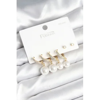 Gold Renk Zirkon Taşlı Pirinç İncili 925 Ayar Gümüş Çivili Küpe Seti