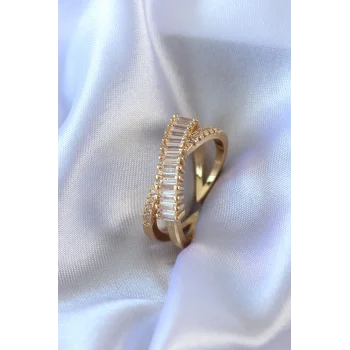 Gold Renk Zirkon Taşlı Pirinç Kadın Yüzük