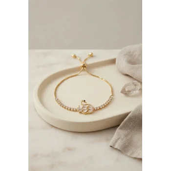 Gold Renk Zirkon Taşlı Pirinç Kuğu Model Asansörlü Bileklik