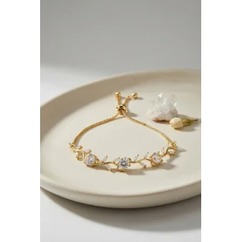 Gold Renk Zirkon Taşlı Pirinç Sarmaşık Çiçek Model Asansörlü Bileklik