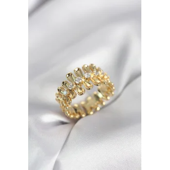 Gold Renk Zirkon Taşlı Sıralı Damla Model Kadın Yüzük