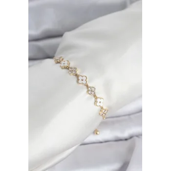 Gold Renk Zirkon Taşlı Sıralı Yonca Model Asansörlü Kadın Bileklik