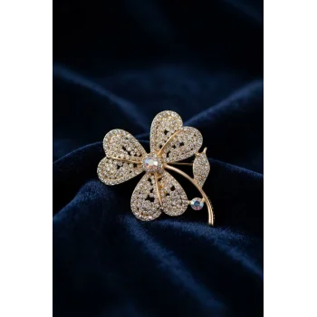 Gold Renk Zirkon Taşlı Yonca Model Broş