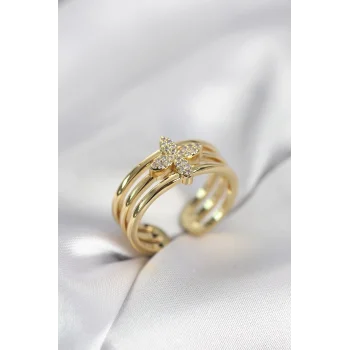 Gold Renk Zirkon Taşlı Yonca Model Kadın Yüzük