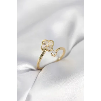 Gold Renk Zirkon Taşlı Yonca Model Kadın Yüzük