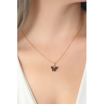 Gold Siyah Renk Kelebek Figür Kadın Kolye