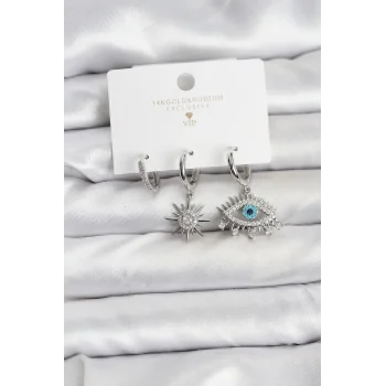 Göz Model Gümüş Renk Pirinç 3lü Kadın Küpe Seti