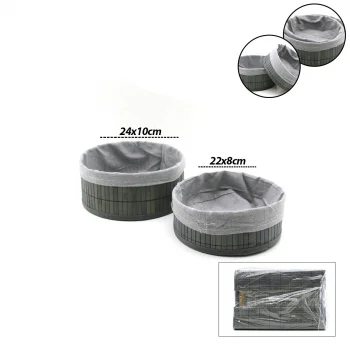 GRİ 2 BOY YUVARLAK BAMBU KENAR ORGANİZER SEPET AHŞAP ALTLIK - BEZLİ ÇAP=22X24CM (5047)