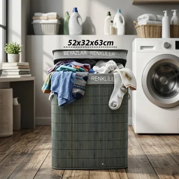 GRİ DİKDÖRTGEN 2 BÖLMELİ 52X32CM Y:63CM BAMBU AHŞAP KİRLİ ÇAMAŞIR SEPETİ KUMAŞ ÇANTALI İP KULP (5047)