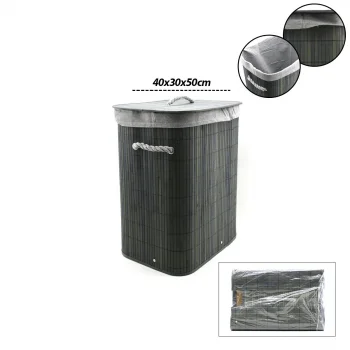 GRİ DİKDÖRTGEN 40X30CM - Y:60CM BAMBU AHŞAP KİRLİ ÇAMAŞIR SEPETİ SEYYAR KAPAKLI KUMAŞ ÇANTALI İP KULPLU (5047)