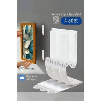 Güçlü Resim Çerçeve Asma Bandı 4lü Set - 6kg Taşıma Kapasiteli Duvar Delmeyen Cırt Sistemi