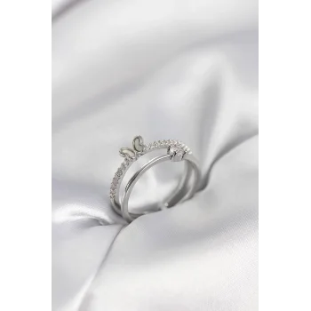 Gümüş Renk 2li Zirkon Taşlı Kelebek Model Kadın Yüzük