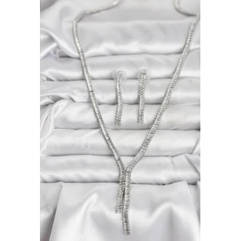 Gümüş Renk Baget Zirkon Taşlı Kadın Kolye Küpe Set