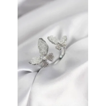 Gümüş Renk Beyaz Kelebek Model Zirkon Taşlı Kadın Yüzük