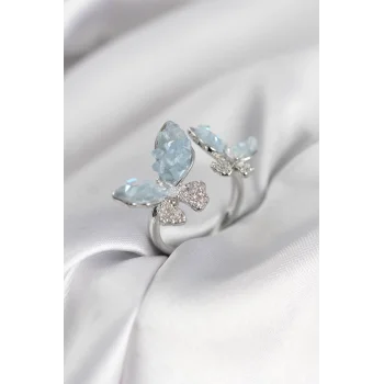 Gümüş Renk Mavi Kelebek Model Zirkon Taşlı Kadın Yüzük