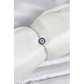 Gümüş Renk Nazar Model Zirkon Taşlı Asansörlü Su Yolu Bileklik