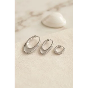 Gümüş Renk Oval Halka Model Zirkon Taşlı 3 lü Küpe Set