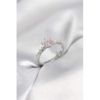 Gümüş Renk Pembe Tek Taş Model Zirkon Taşlı Kadın Yüzük