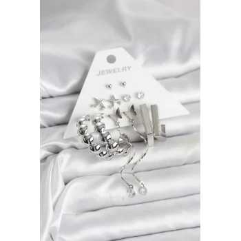 Gümüş Renk Pirinç 6lı Kadın Küpe Seti