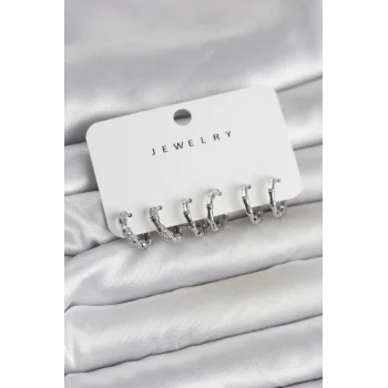 Gümüş Renk Pirinç Kemik Model 3 Çift Kadın Küpe Seti