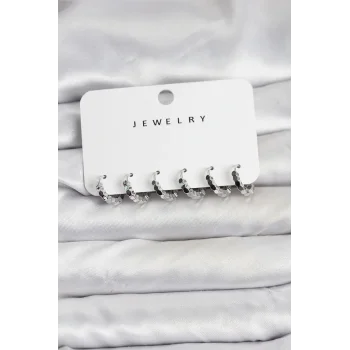 Gümüş Renk Pirinç Minimal Petek Detaylı Kadın Küpe Seti