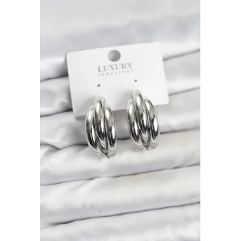 Gümüş Renk Pirinç Yarım Halka Model Kadın Küpe