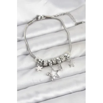 Gümüş Renk Pirinç Yıldız Model Charmlı Kadın Bileklik