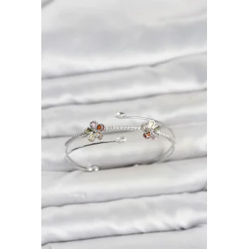Gümüş Renk Pirinç Zirkon Taşlı Çiçek Model Kadın Bileklik