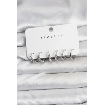 Gümüş Renk Pirinç Zirkon Taşlı Kadın Küpe Seti