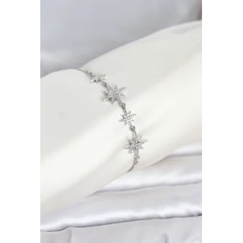 Gümüş Renk Pirinç Zirkon Taşlı Kutup Yıldızı Model Asansörlü Kadın Bileklik
