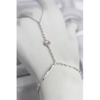 Gümüş Renk Pirinç Zirkon Taşlı Pembe Kalp Model Şahmeran