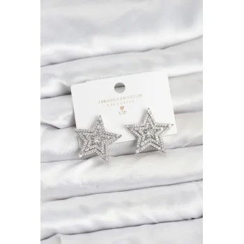 Gümüş Renk Pirinç Zirkon Taşlı Yıldız Model Kadın Küpe