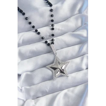 Gümüş Renk Siyah Boncuk Zirkon Taşlı Pirinç Yıldız Model VİP Seri Kadın Kolye