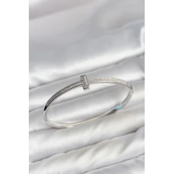 Gümüş Renk T Model Zirkon Taşlı Kadın Kelepçe Bileklik