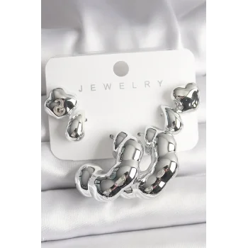 Gümüş Renk Yonca Damla Halka Model CCB Plastik Kadın Küpe Seti