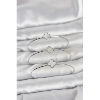 Gümüş Renk Yonca Model Zirkon Taşlı 3lü Kadın Bileklik Kombini
