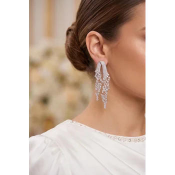 Gümüş Renk Zirkon Taşlı Çelenk Model Kadın Abiye Küpe
