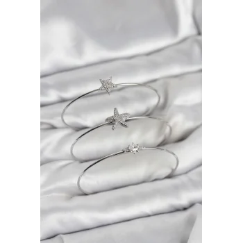 Gümüş Renk Zirkon Taşlı Deniz Yıldızı Model 3lü Kadın Bileklik Kombini