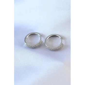 Gümüş Renk Zirkon Taşlı Halka Model Pirinç Kadın Küpe