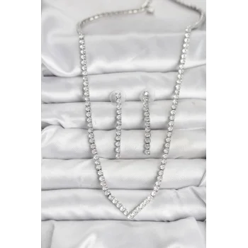 Gümüş Renk Zirkon Taşlı Kadın Kolye Küpe Seti