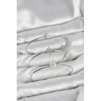 Gümüş Renk Zirkon Taşlı Kutup Yıldızı Model 3lü Kadın Bileklik Kombini